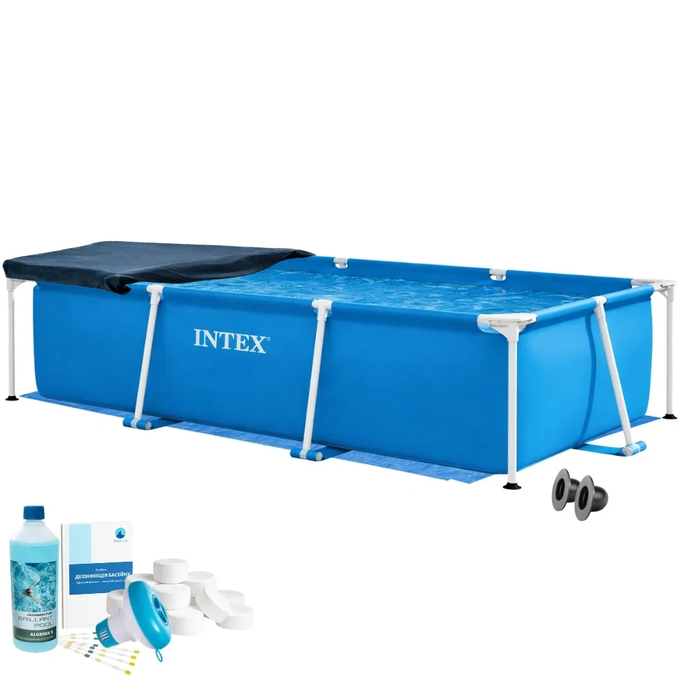 Бассейн каркасный прямоугольный Intex Metal Frame с тентом/подстилкой/химией 260х160х65 см Синий (147-9-28271-5в1)