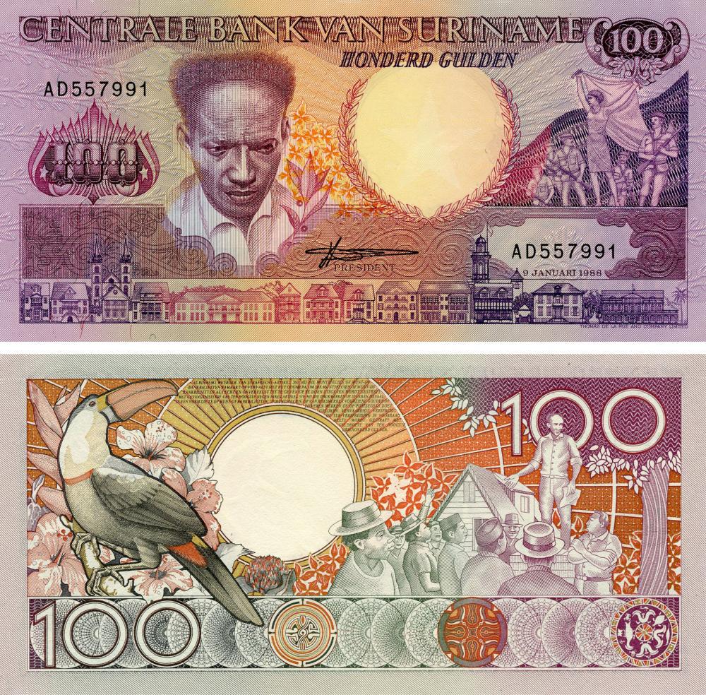 Коллекционная банкнота Суринам 100 гульденов 1988 UNC Птица-Попугай P133b (Б15992)
