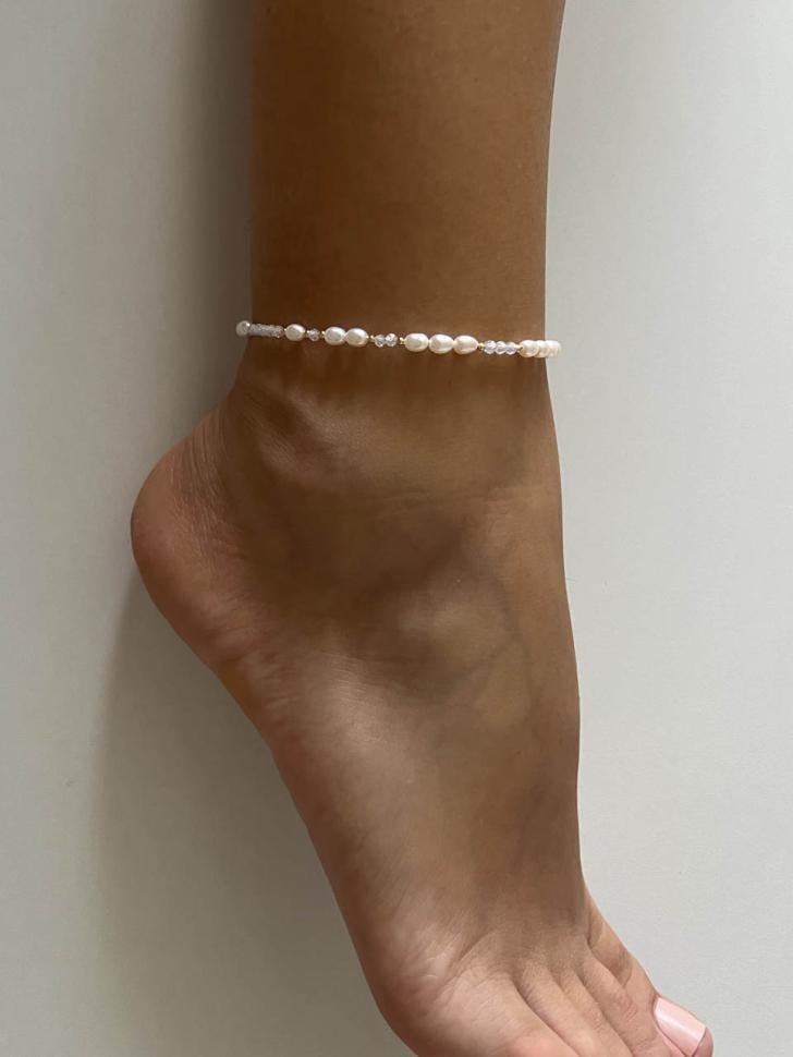 Браслет на ногу из фианитов с жемчугом (5277)