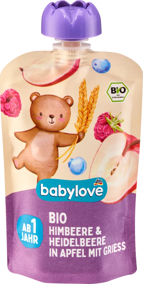 Пюре фруктово-злакове пауч з малиною чорницею яблуком та маннкою для дітей з 12 місяців