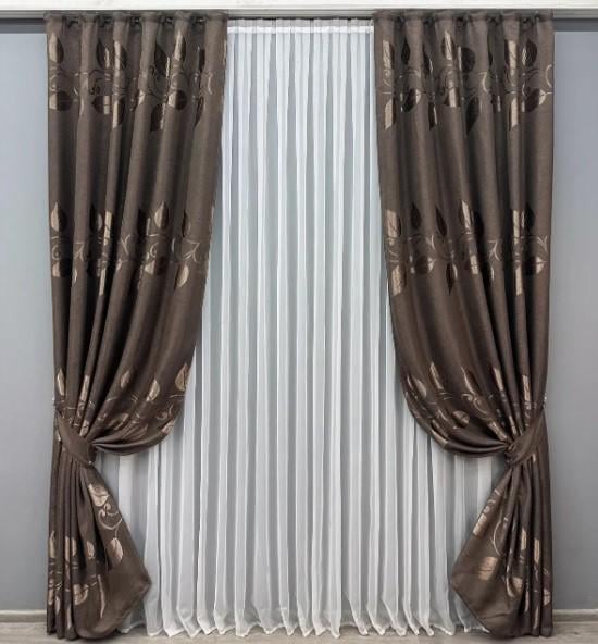 Шторы Листья с принтом лен рогожка 1,5х2,75 м 2 шт. Венге (1687ш 33-0590)