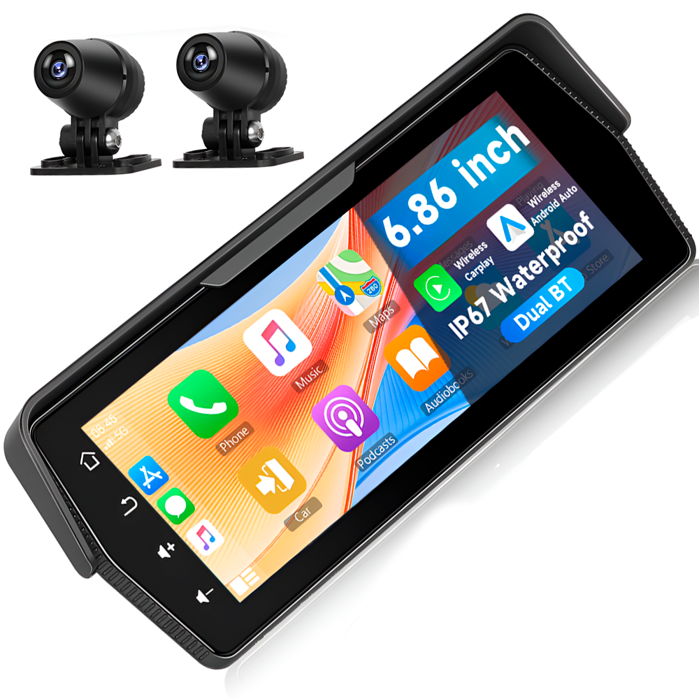 Видеорегистратор для мотоцикла Podofo A3956 Bluetooth/Apple CarPlay/Android Auto с двумя камерами и сенсорным монитором (28587413)