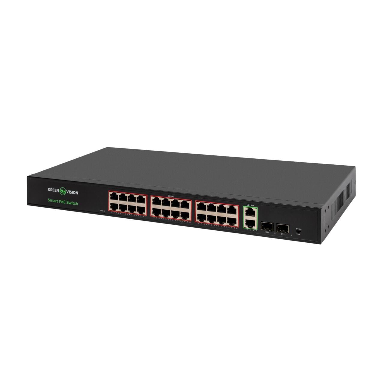 Комутатор GreenVision GV-023-D-24G+2PG+2SFP 24FE PoE+ 2GE Uplink 2SFP Black (33087612)