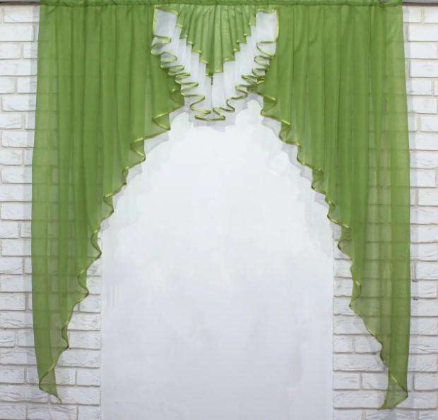 Занавеска ламбрекен на кухню/балкон шифон 150х160 см Оливковый/Белый (028к)