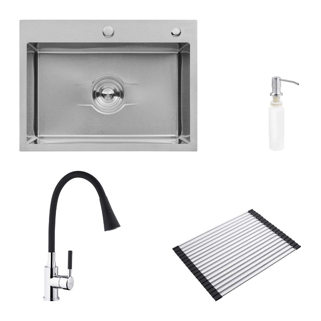 Комплект кухонна мийка Kroner Derby-5843HM Brush/cушарка для посуду Kroner Matte-SCH4333-2/змішувач (2669564696)