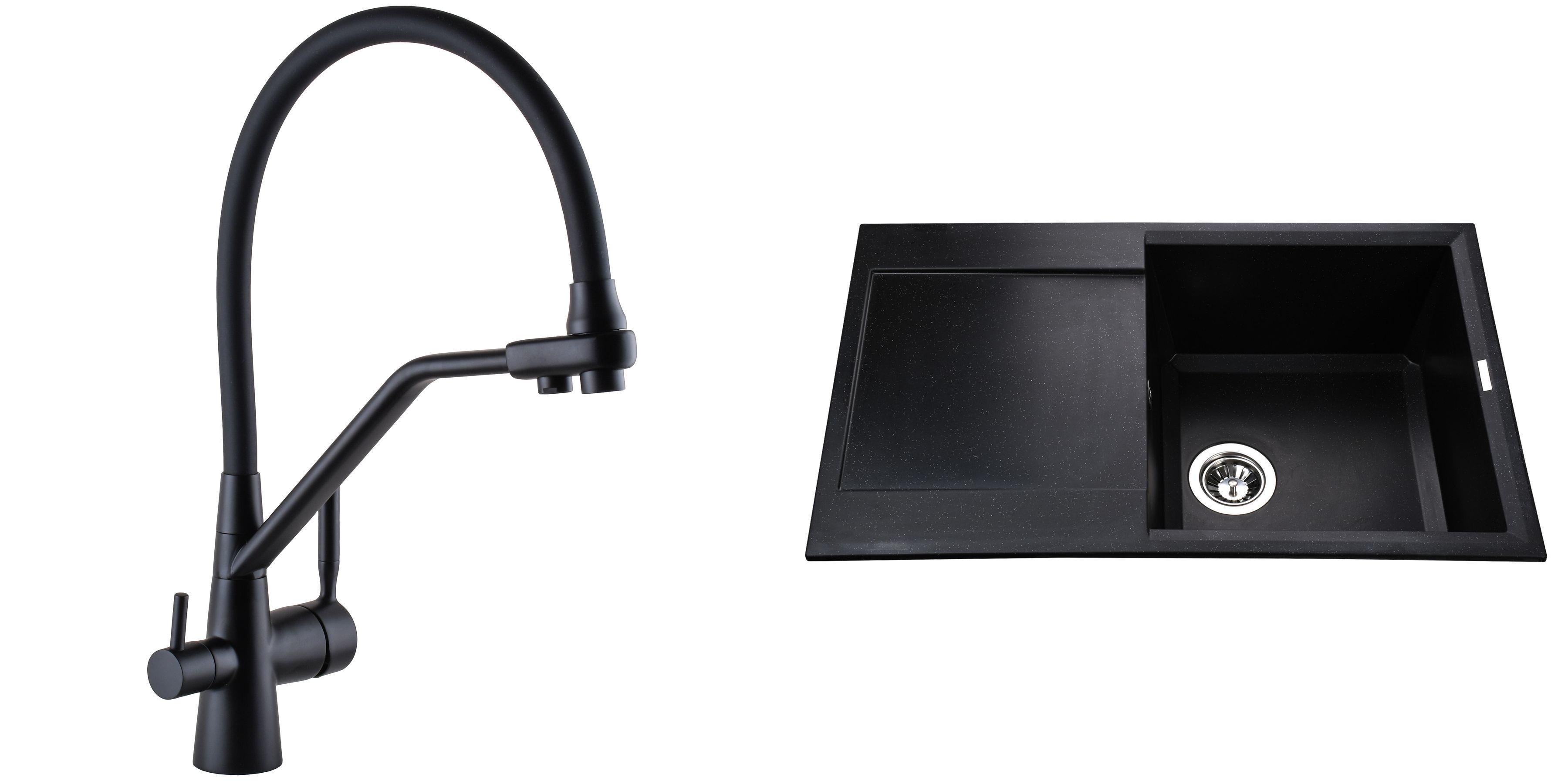 Мойка гранитная со смесителем под фильтрованную и техническую воду 790х500 мм GLux Black Perl (2104124671)