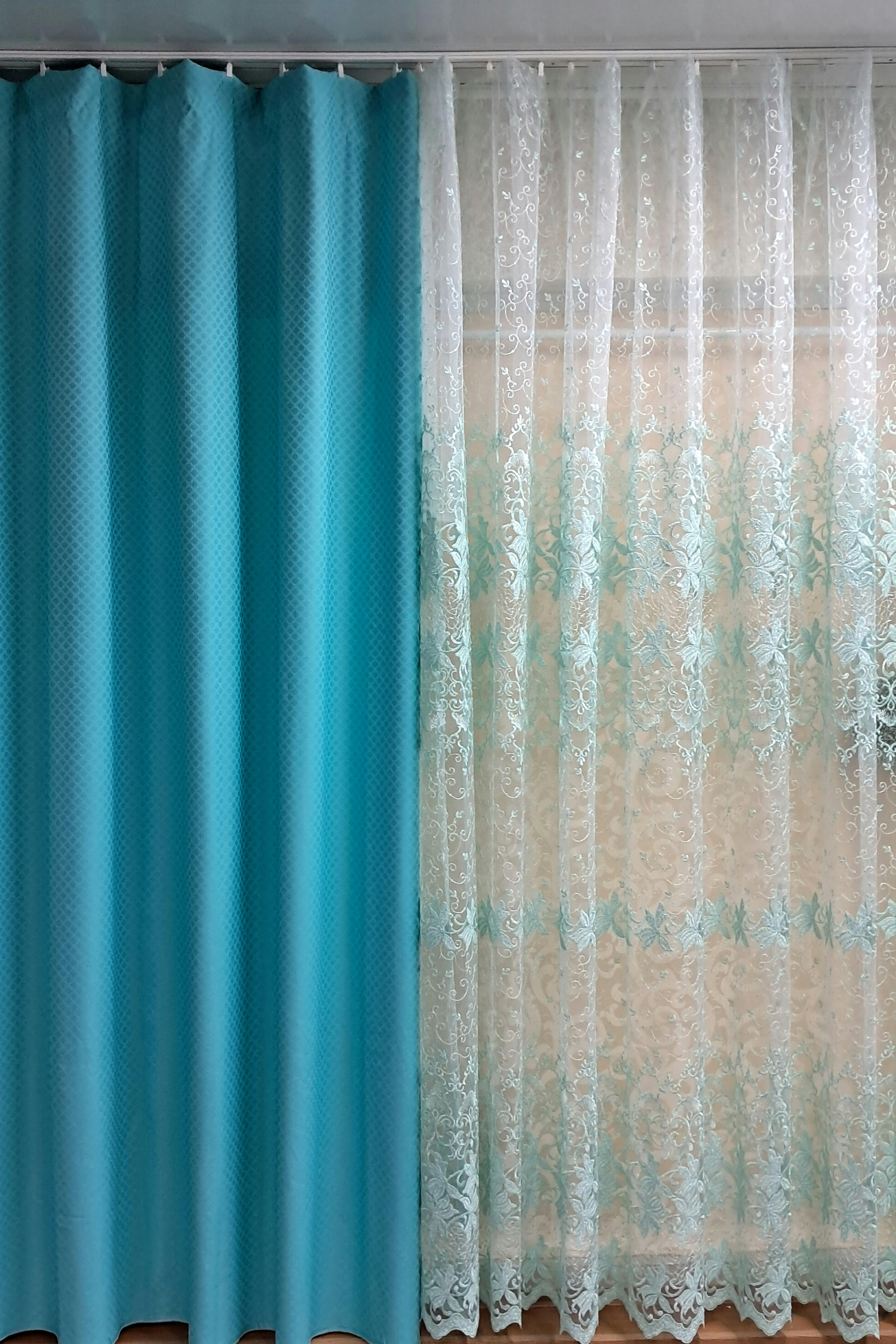 Комплект штора жакард 270х200 см 2 шт. та гардина-сітка з вишивкою 500х270 см Бірюзовий
