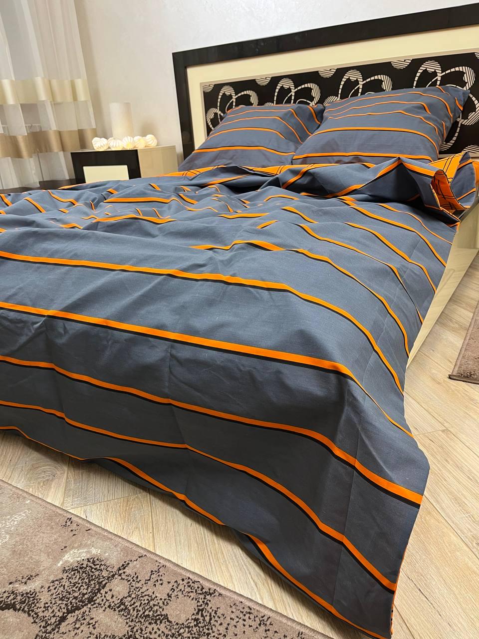 Комплект постельного белья В полоску 180x220 см двуспальный хлопковый 70х70 см Серый с оранжевым