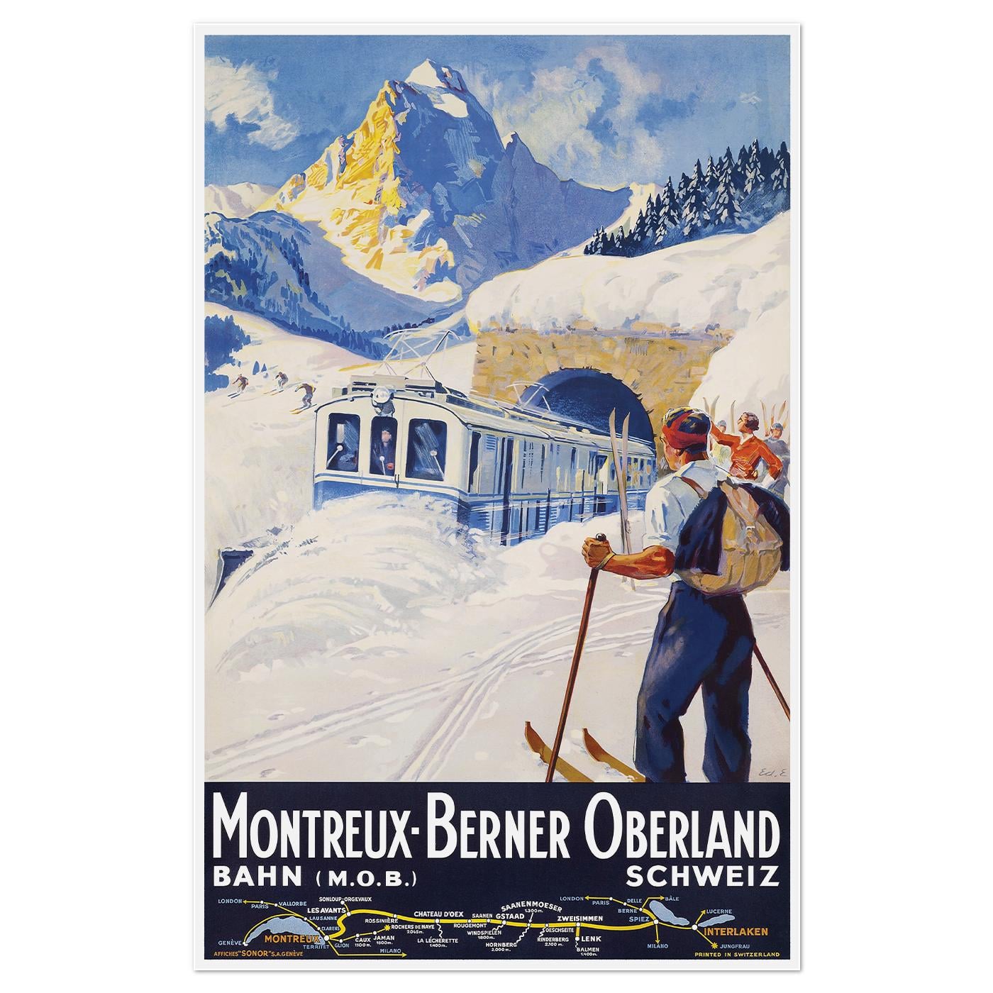 Плакат ретро Железная дорога Монтрё и Бернского Высокогорья 1934 55x86 см (0307) Плакат ретро Железная дорога Монтрё и Бернского Высокогорья 1934 55x86 см (0307)