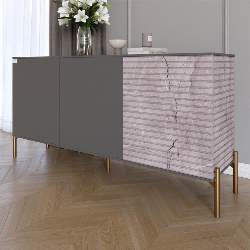 Комод закрытый в гостиную на золотых металлических ножках Lion Грей 154x38x76,5 см Антрацит/Камень (Lion-041848)