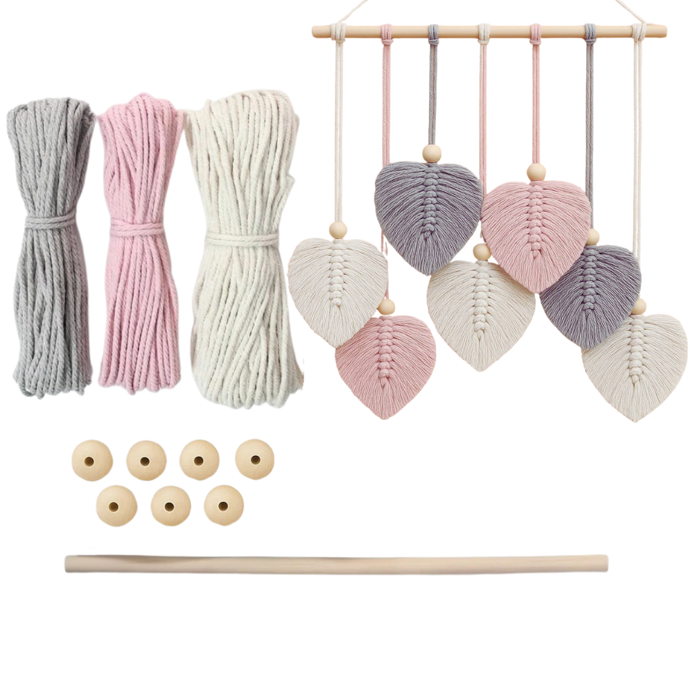 Набор макраме Листья для рукоделия и ручного вязания гобелена настенного декора 37х30 см Розово-серый