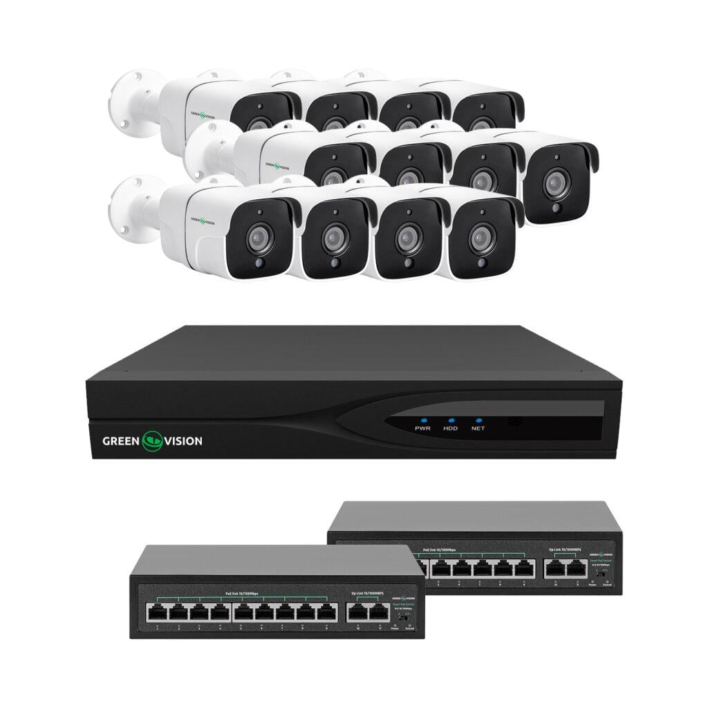 Комплект видеонаблюдения GreenVision GV-IP-K-W89/12 5MP на 12 камер IP видеорегистратор коммутатор 2 шт. (26711526)
