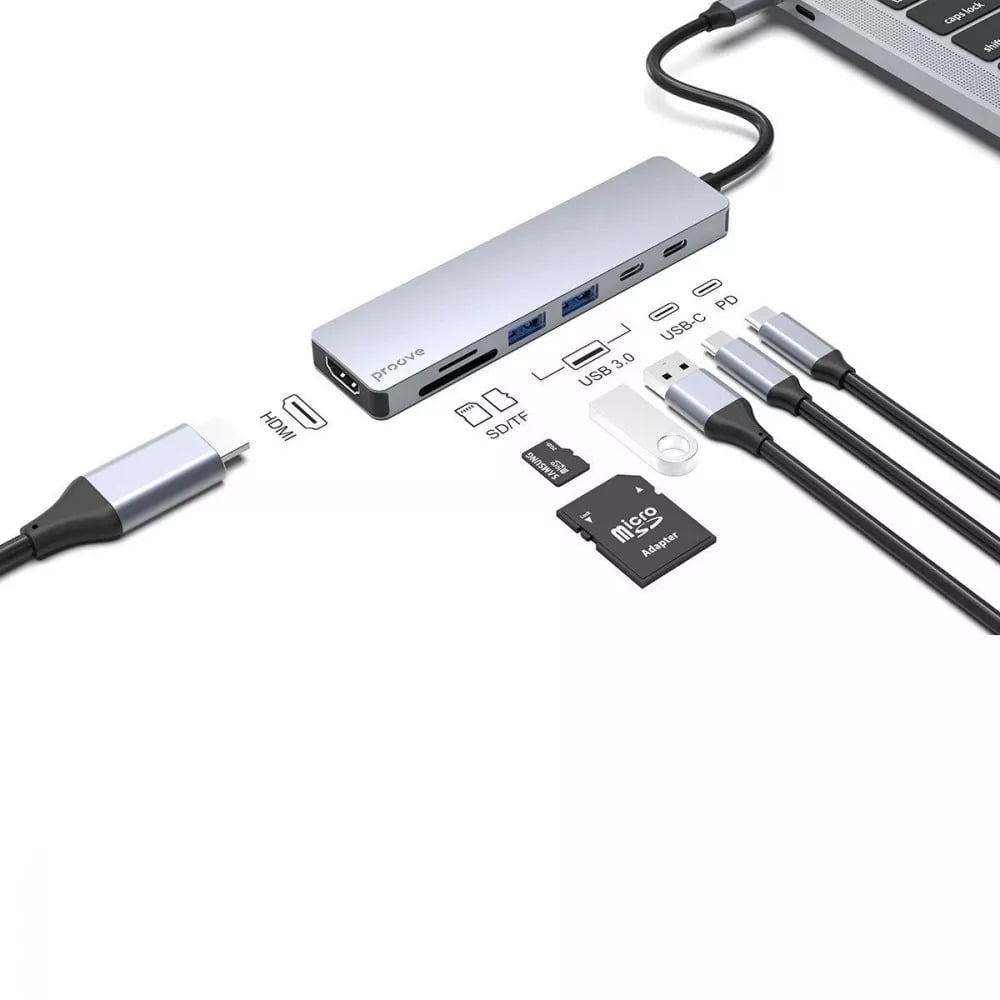 Адаптер USB хаб Proove Iron Link 7in1 2хType-C+2хUSB3.0+HDMI+SD/TF Silver - фото 3