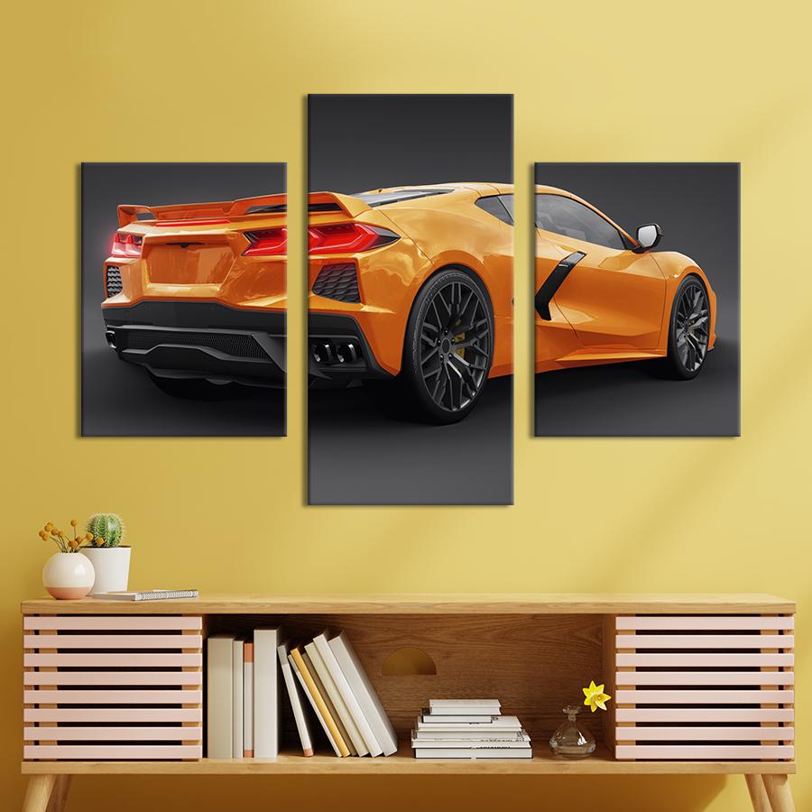 Картина на холсте триптих Оранжевый Chevrolet Corvette Stingray 141x90 см (1409-32)