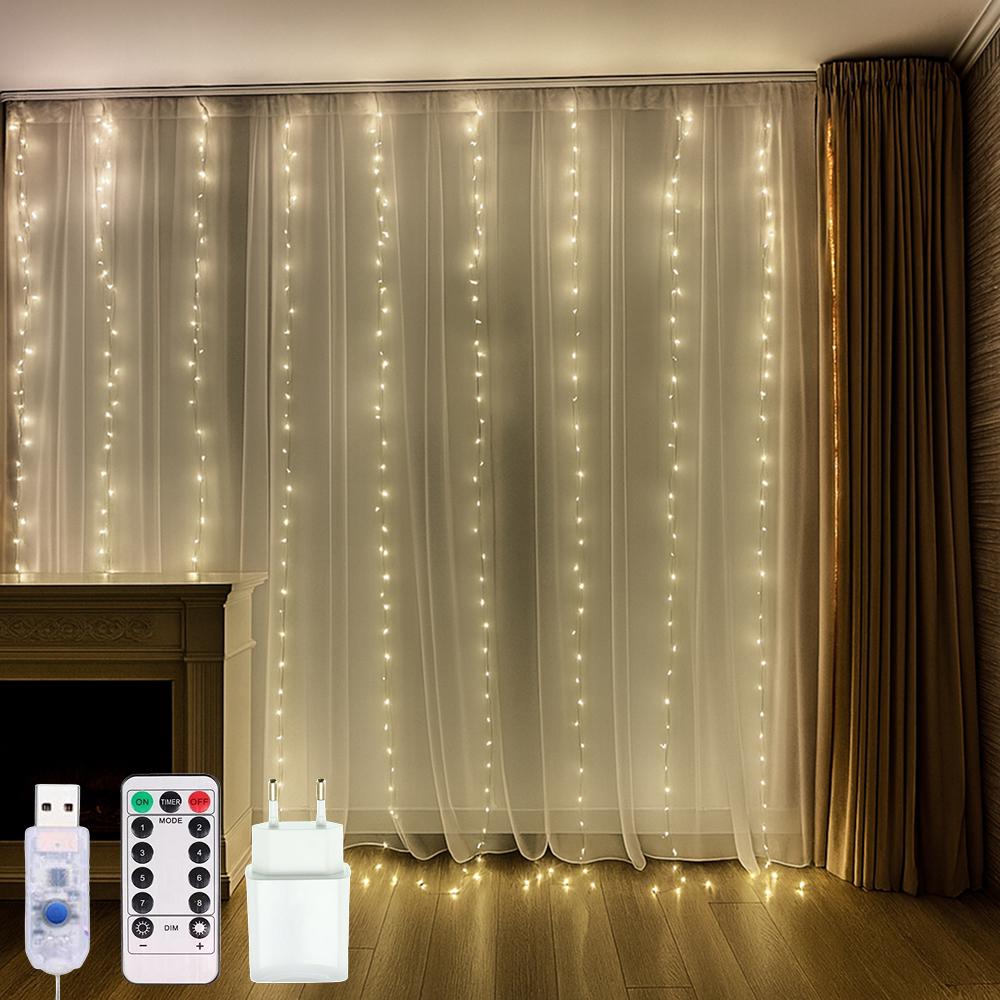 Гирлянда штора Роса мишура 2x2 м 480LED от USB и сети/с пультом/8 режимов/IP44 теплый белый Гирлянда штора Роса мишура 2x2 м 480LED от USB и сети/с пультом/8 режимов/IP44 теплый белый