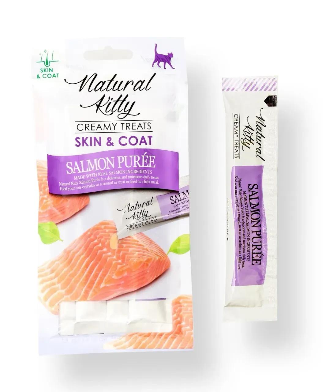 Ласощі для кішок Natural Kitty Functional Cream Treat Salmon Puree Skin&Coat пюре з лососем 4 шт. 12 г