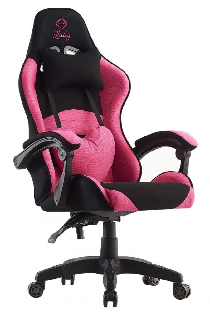 Кресло геймерское Bonro Lady 806 из экокожи на колесиках с подушками под поясницу и голову Черно-розовый (132-76-42300097)