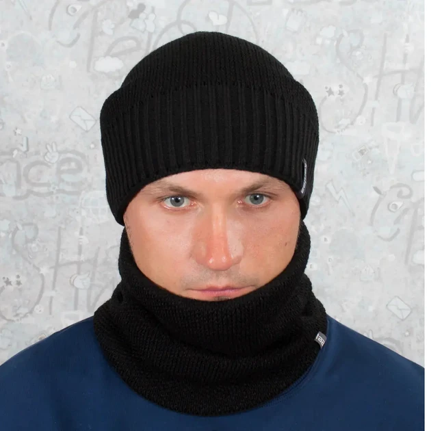 Комплект зимовий чоловічий шапка з відворотом/снуд-баф на флісі Чорний (2549773930) - фото 5