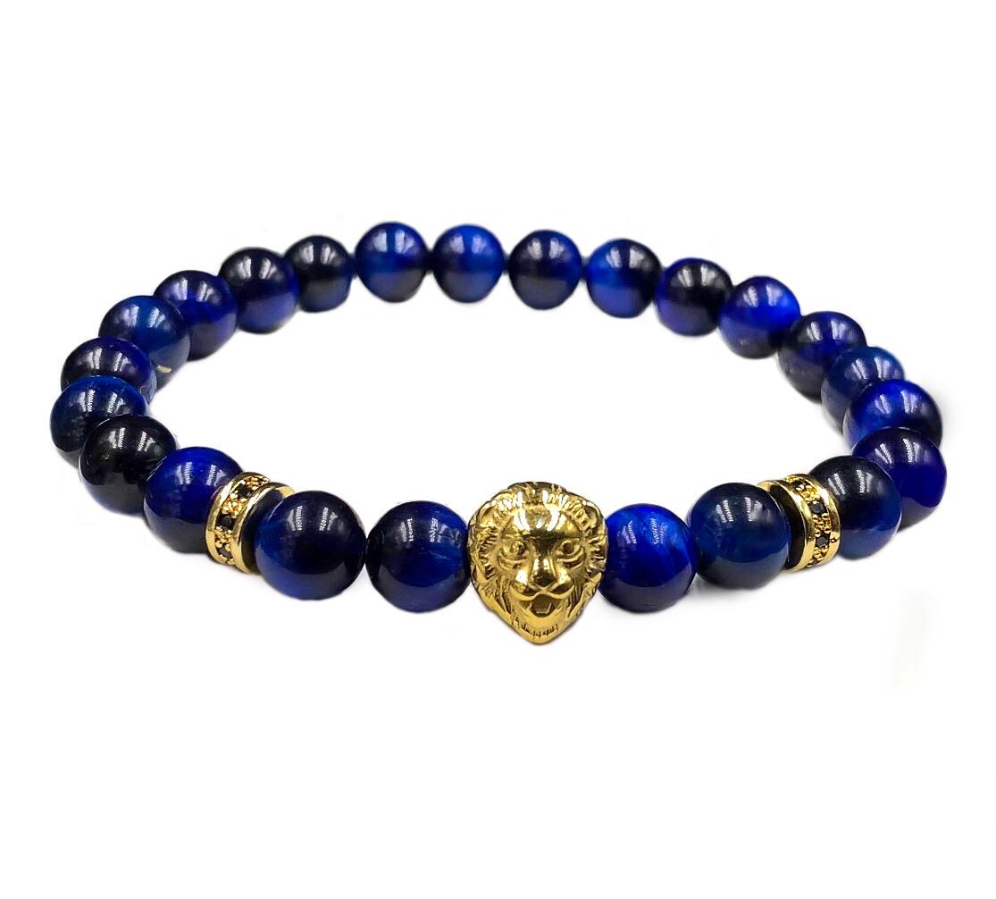 Браслет из тигрового глаза со львом и дисками 21 Синий/Золотой (50041)