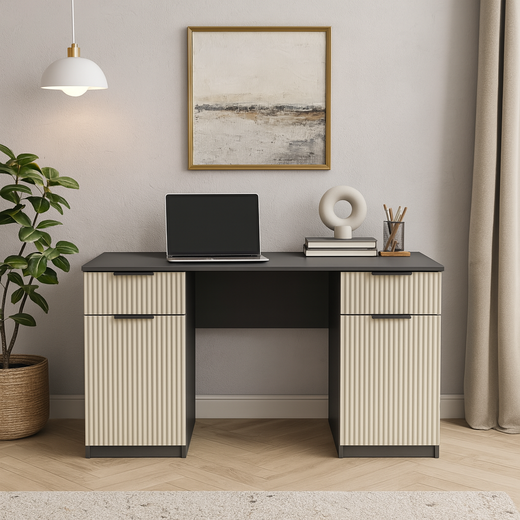 Стол письменный СП4 2Я2Д SENAM 750х1500х600 мм корпус ДСП Серый Графит фасад МДФ краска RAL9001 Светло-бежевый фрезеровка Плаше Грос