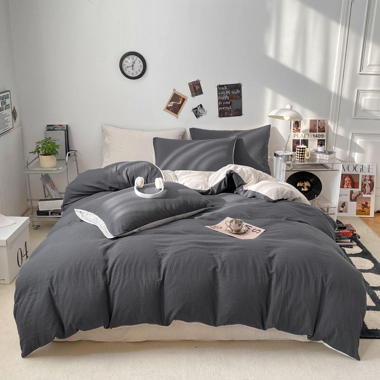 Комплект постільної білизни Тінь сатин євро/наволочки 50х70/70х70 см Молочний/Графітовий (6858) - фото 1