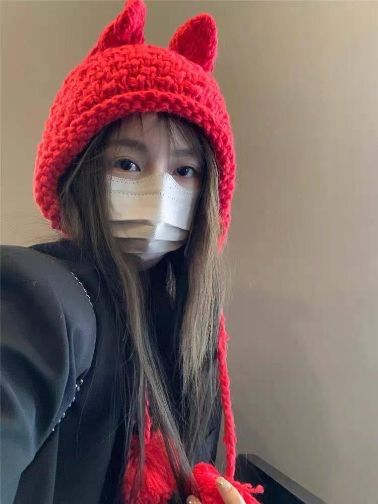 Вязаная шапка чепчик с ушками и помпонами на завязках One size Красный(Sa195/2776770827)