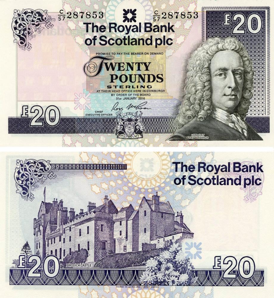 Колекційна банкнота Шотландія 20 фунтів 2016 UNC Brodick castle RBS (Б19411)