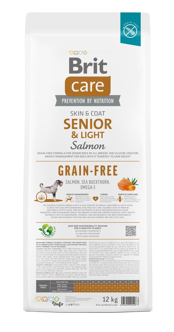 Сухой корм для стареющих собак беззерновой Brit Care Dog Grain-free Senior & Light с лососем 12 кг (2140079367)