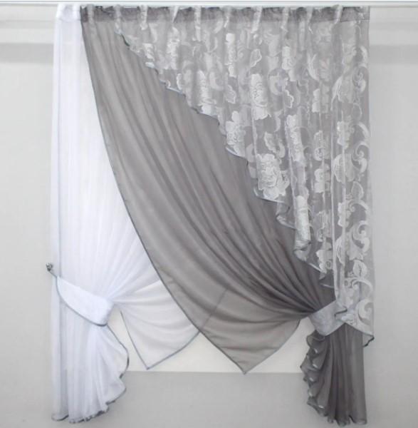 Шторы на кухню/балкон 300х170 см Серый/Белый (063к)