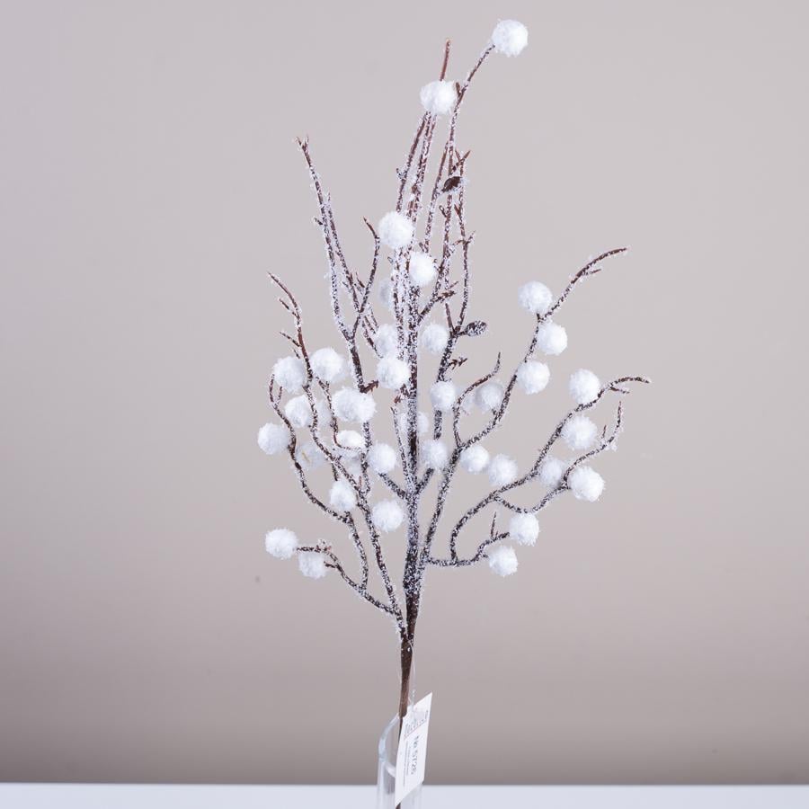 Веточка новогодняя с белыми заснеженными шариками (5726)