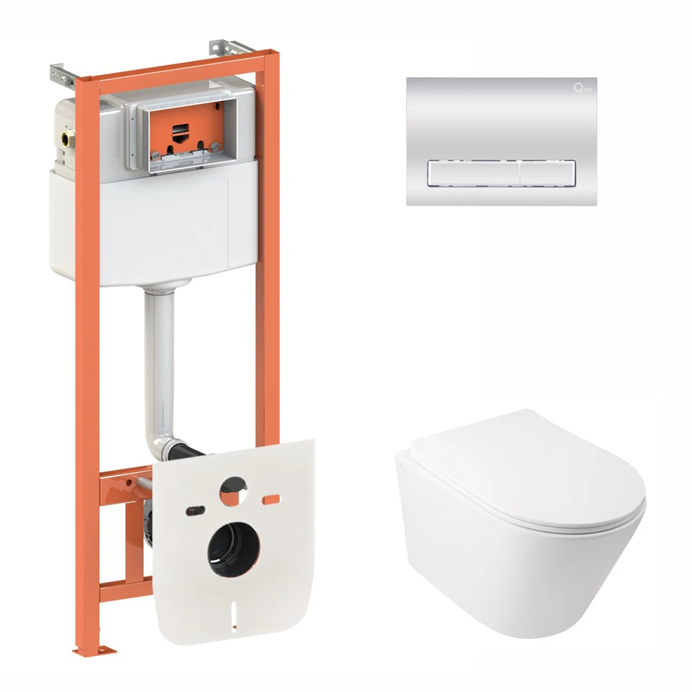 Комплект для ванной комнаты Qtap подвесной унитаз Swan Rimless и комплект установки Nest 4в1 линейная клавиша Chrome (2653607389)