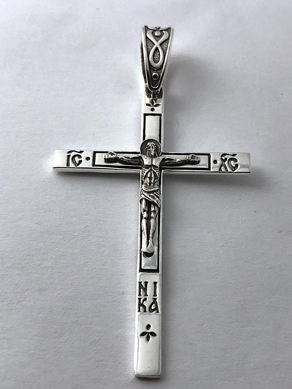 Крестик серебряный прямой с образом Иисуса Христа с чернением (КДУ- 78)