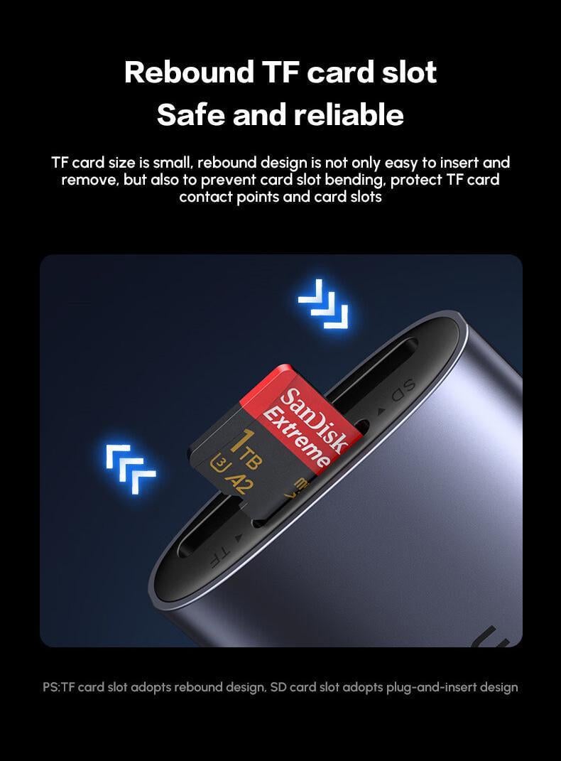 Кардрідер UGREEN USB-C 15см USB-C/5 Гбіт/с Читання SD/TF одночасно карт до 2 ТБ алюмінієвий Нейлоновий Сірий (80888) - фото 7