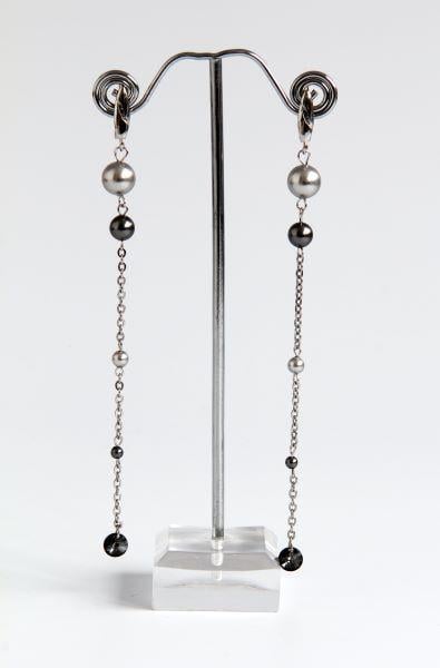 Сережки-ланцюжки довгі родій з перлами Емілія ручна робота (ER-0078)