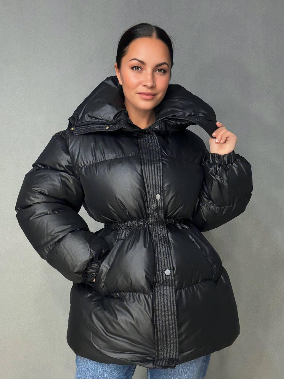 Куртка женская HAIZIYUAN 8055 пуф глянцевая удлиненная с утяжкой на талии L Черный (5582) - фото 6