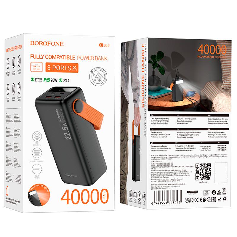 Павербанк 40000 mAh с быстрой зарядкой Borofone BJ66 с фонарем 2USB/Type-C PD/QC 22,5W LED-дисплей Черный - фото 7