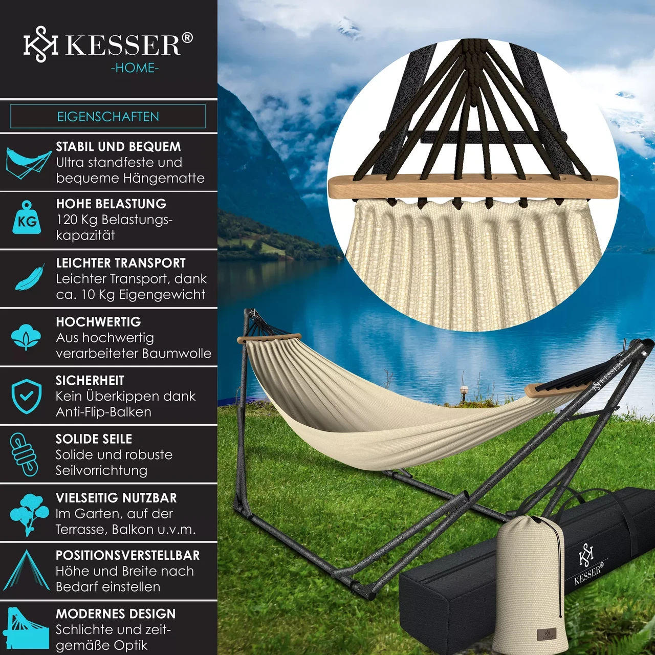 Гамаки KESSER підвісний для саду та дачі 200 кг 360x120x115 см (4260729115584) - фото 6 Гамаки KESSER підвісний для саду та дачі 200 кг 360x120x115 см (4260729115584) - фото 6