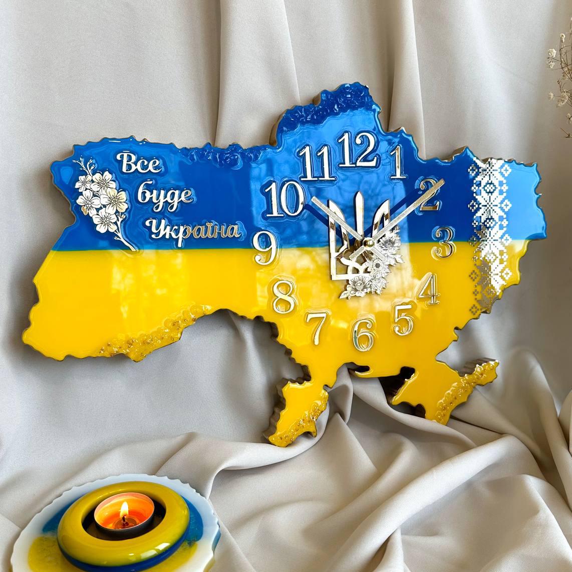 Часы настенные из эпоксидной смолы Карта Украины 70x47 см
