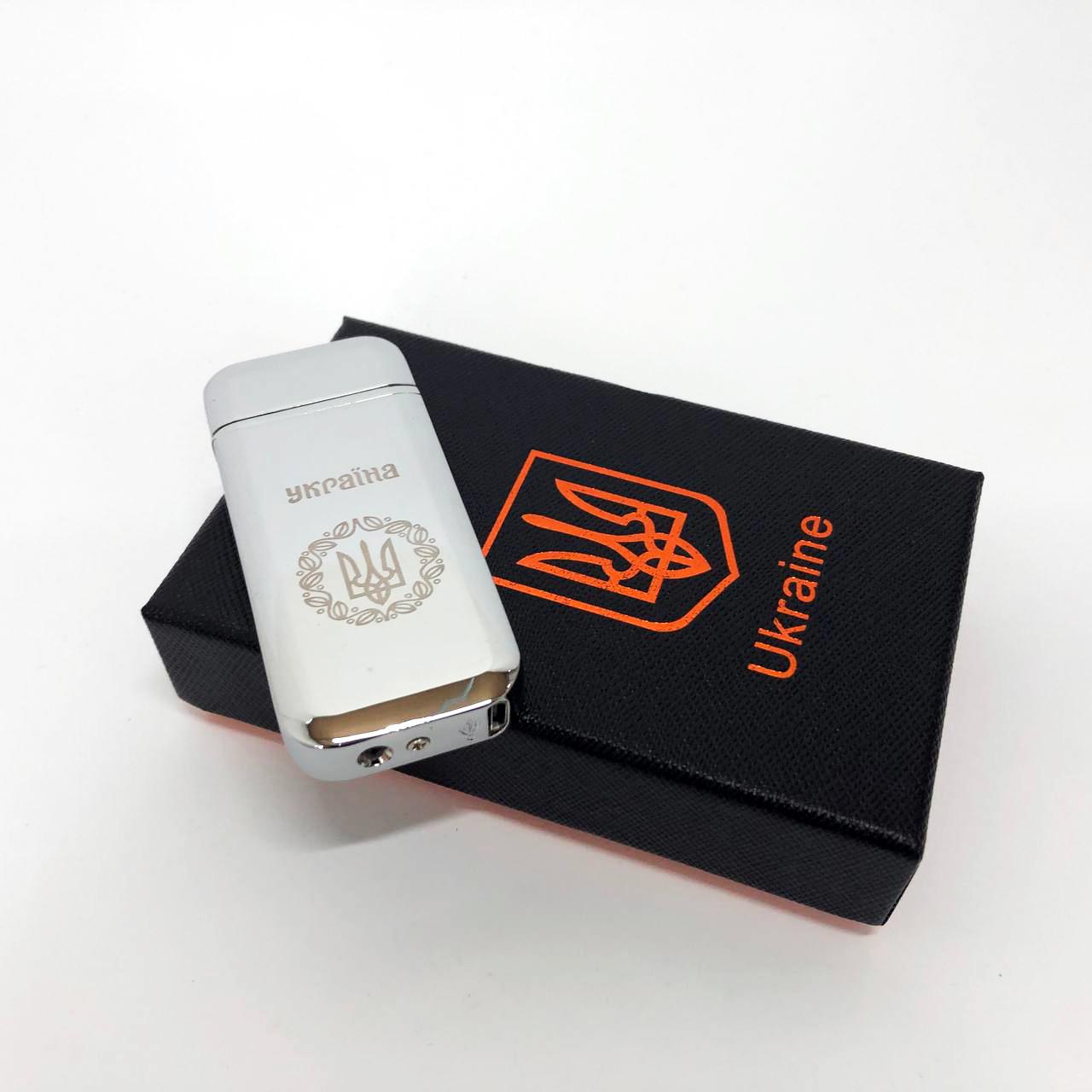 Зажигалка дуговая электроимпульсная зажигалка /USB Герб Украины индикатор заряда/фонарик Серебряный (HL-442) - фото 4