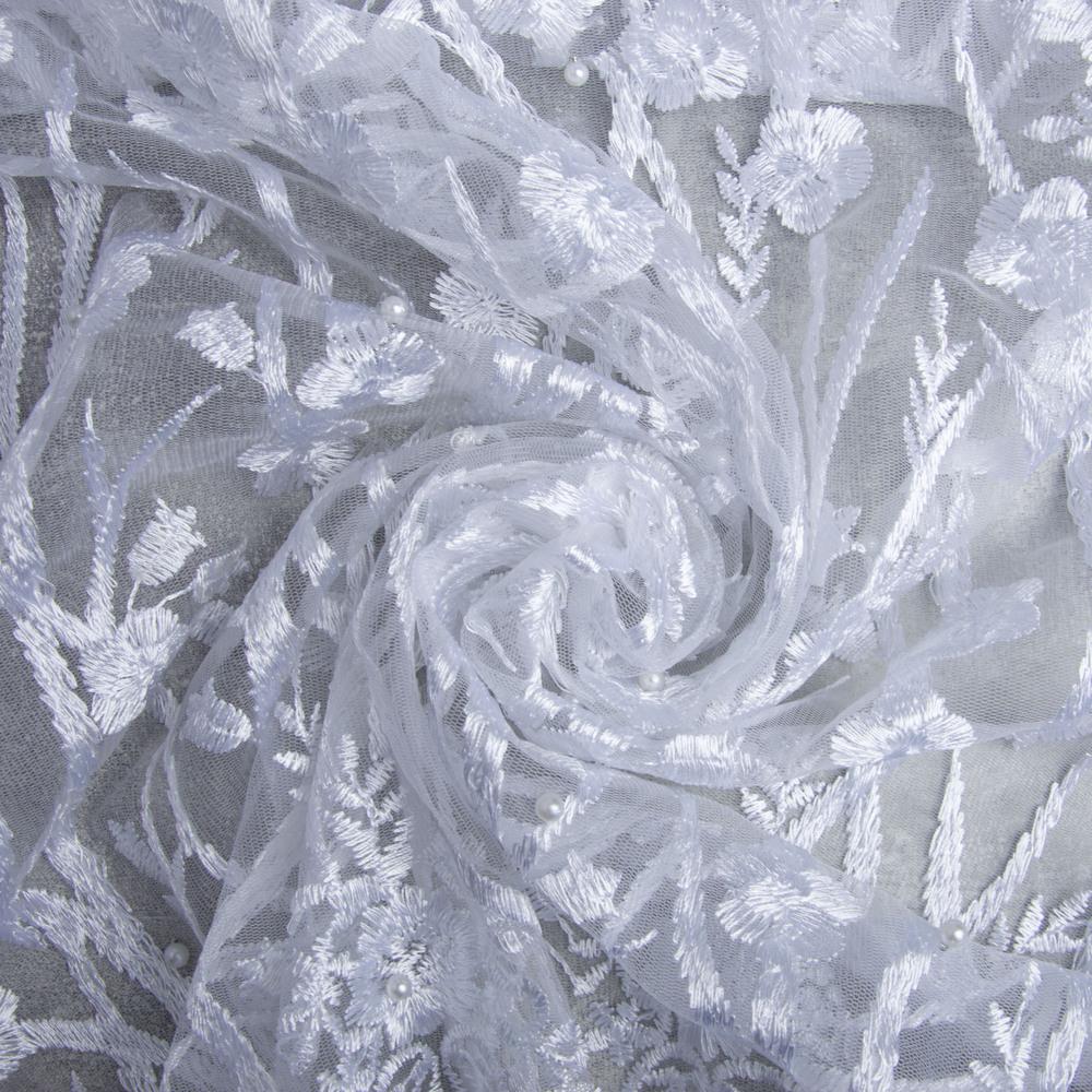 Ткань сетка вышивка Лия с жемчугом Белый