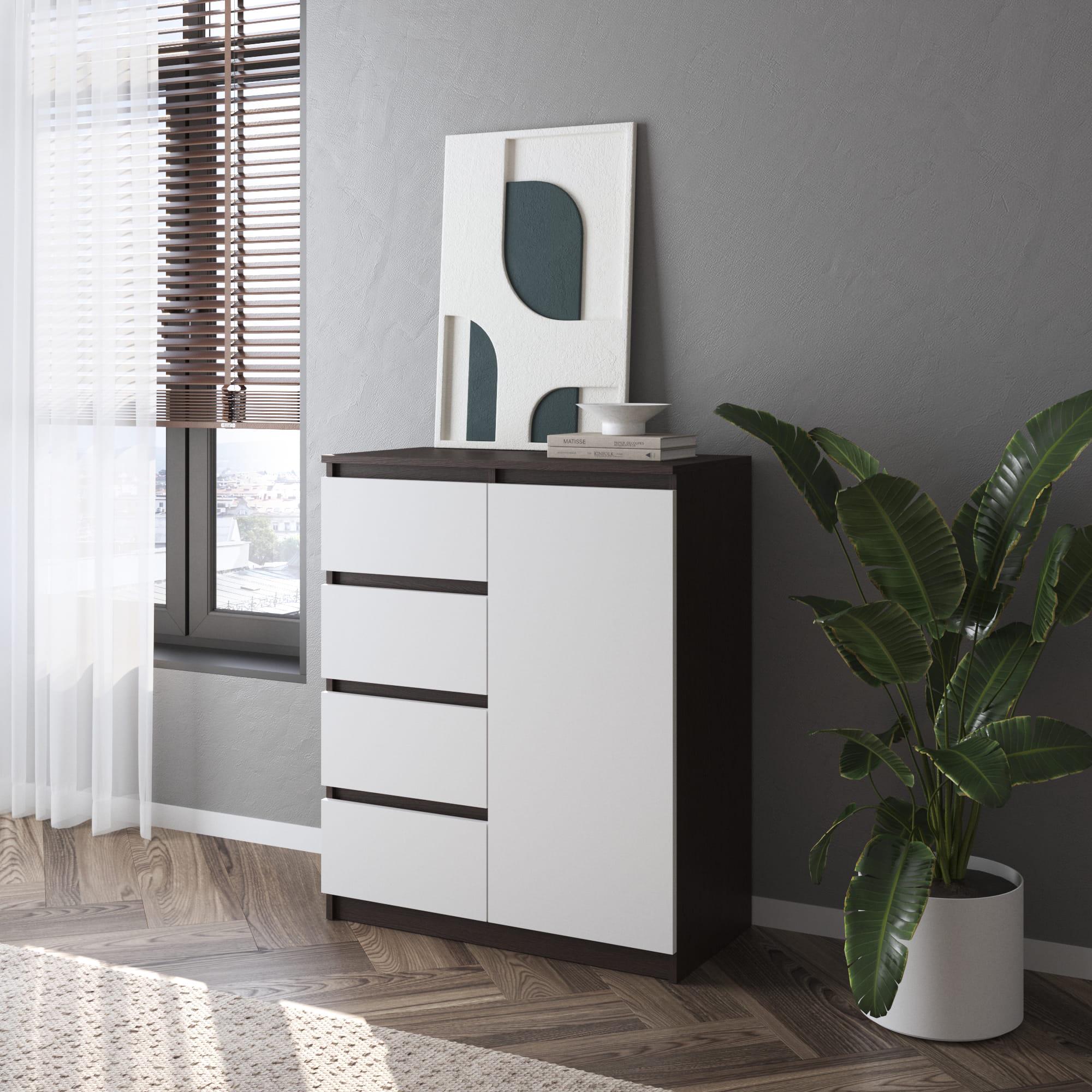 Комод №4 на 4 выдвижных ящика ЛДСП без ручек Венге темный/Белый (372173)