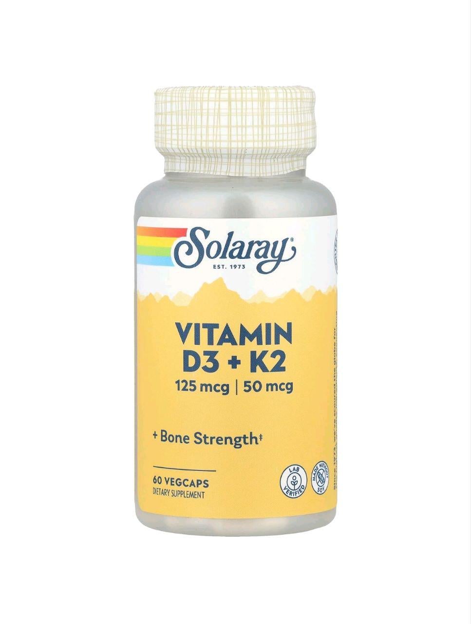 Витамины D3 и K2 Solaray Vitamin D3+K2 60 капс. (4001СЛ)