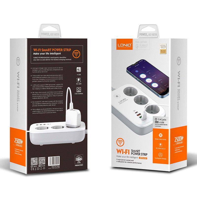 Продовжувач LDNIO SEW3452 мережевий 2 м 3 ports/PD/3USB/1 QC 3.0/1 Type-C/WiFi White - фото 8