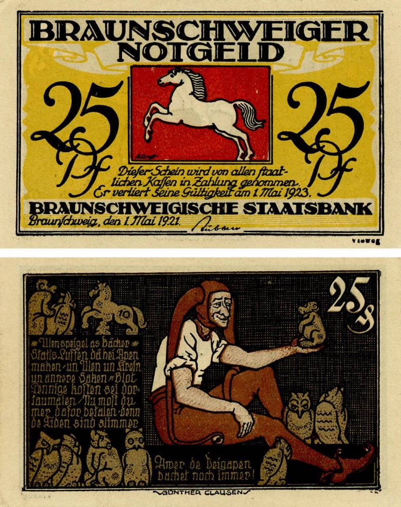 Коллекционная банкнота Германия Нотгельд 25 пфеннигов 1921 F-VF Брауншвейг Разновидность 4 (Б18533)