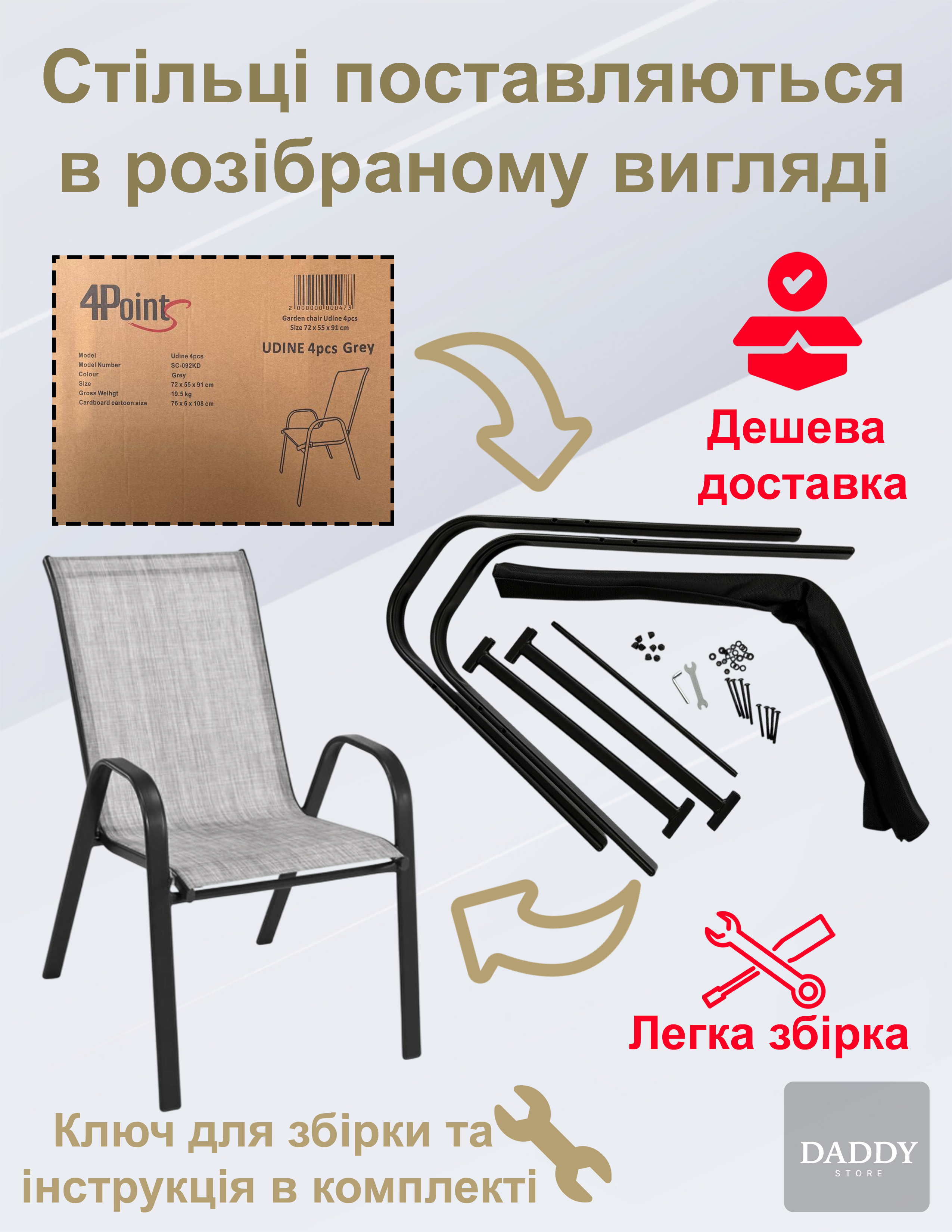 Комплект садових меблів 4Points Milano-4 прямокутний стіл та 4 стільця 150х90 см Сірий - фото 8 Комплект садових меблів 4Points Milano-4 прямокутний стіл та 4 стільця 150х90 см Сірий - фото 8