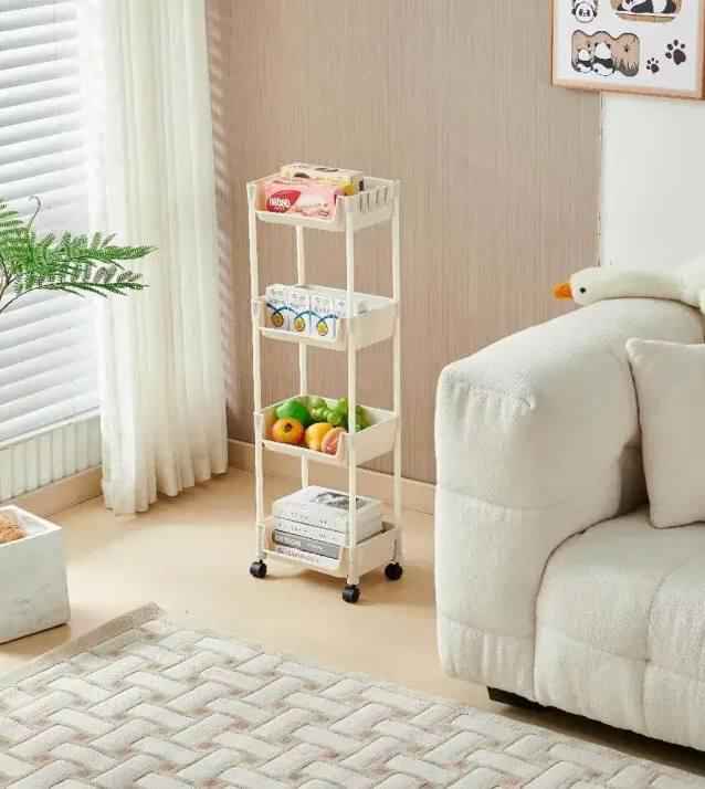 Этажерка на колесиках пластиковая с крючками 4 уровня Бежевая (822e0c74) - фото 3