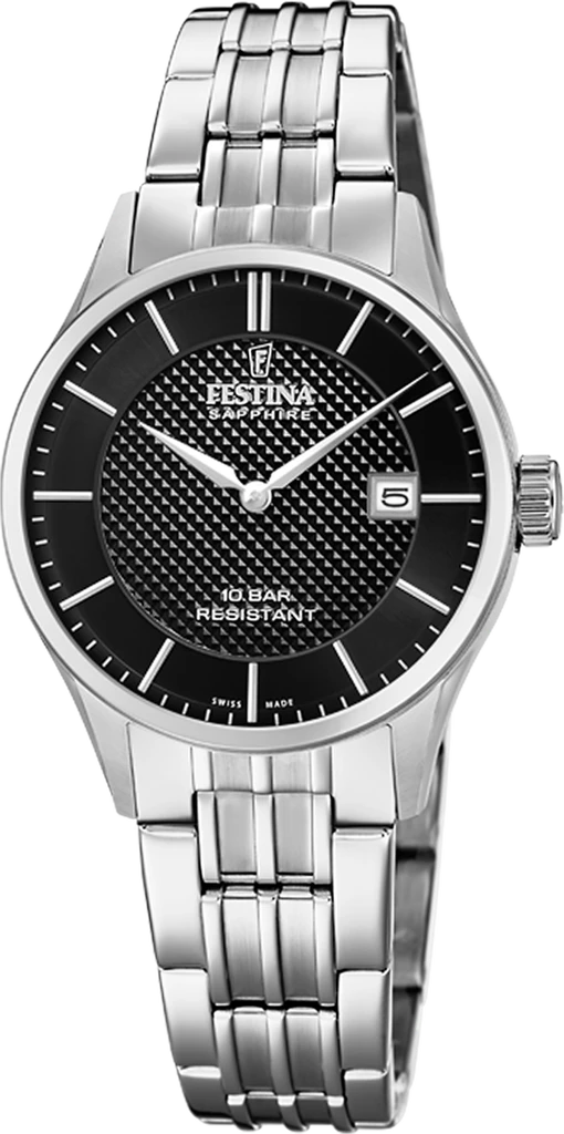 Наручные часы женские Festina Classics F20006/4 со стальным корпусом/водозащитой 100 м и черным циферблатом