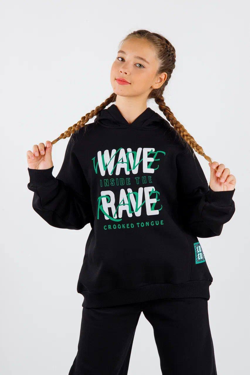 Толстовка теплая с капюшоном для девочек 134 см Черный (06315)