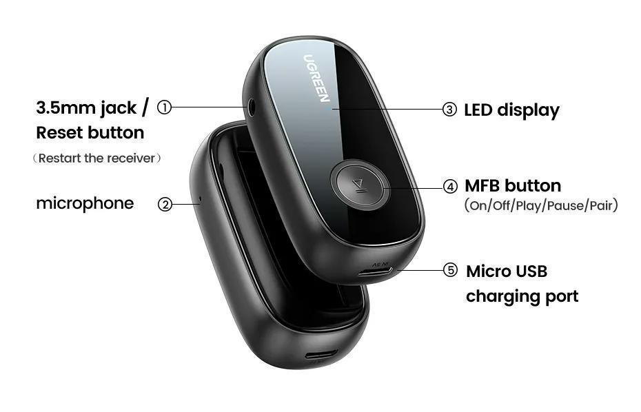 Адаптер UGREEN Bluetooth 5.1 приемник aptX HD Hi-Res 3,5 мм minijack AUX-micro USB Аудио AAC/SBC/aptX LL стерео Черный (70304) - фото 7