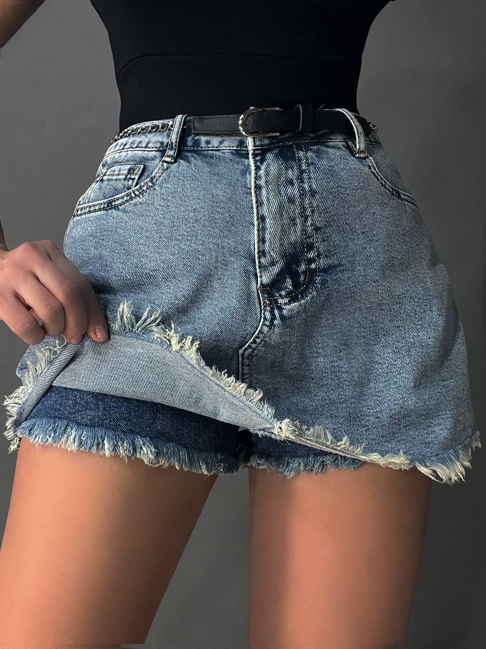 Шорты юбка женские джинсовые Vanver 8103 с бахромой короткие пояс-цепь р. 27 74 см 106 см Голубой
